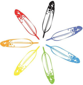 an image of 7 brightly color feathers arranged in a circle with their stems touching in the middle